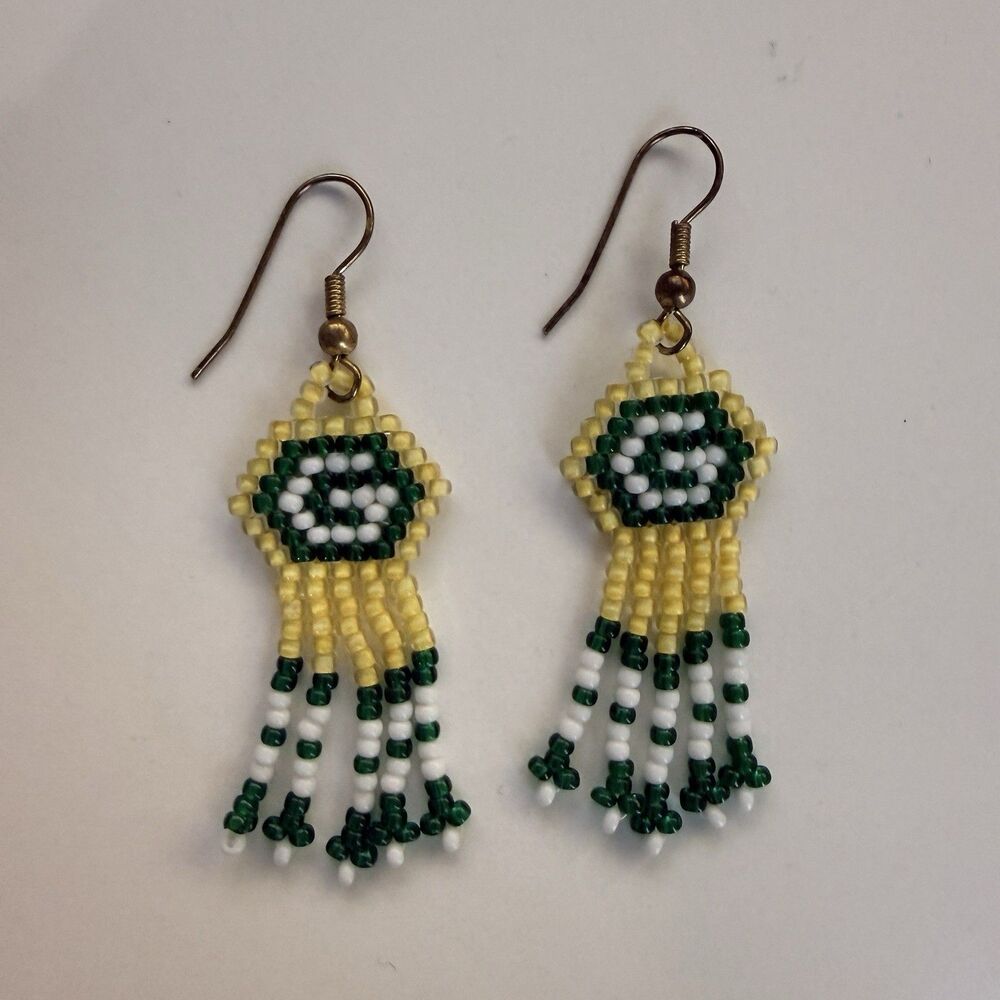 Green Bay Packers Handmade Beaded Dangle Earrings Yellow Green NFL Fan Jewelry